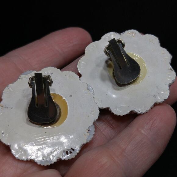 1950s Lucite Moonglow Clip Earrings Floral Rhinestone Large Vintage Jewelry - Picture 9 of 10